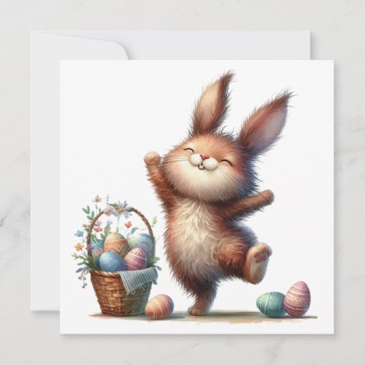 Whimsical Bunny and Basket of Eggs Easter Greeting Karte (Vorderseite)