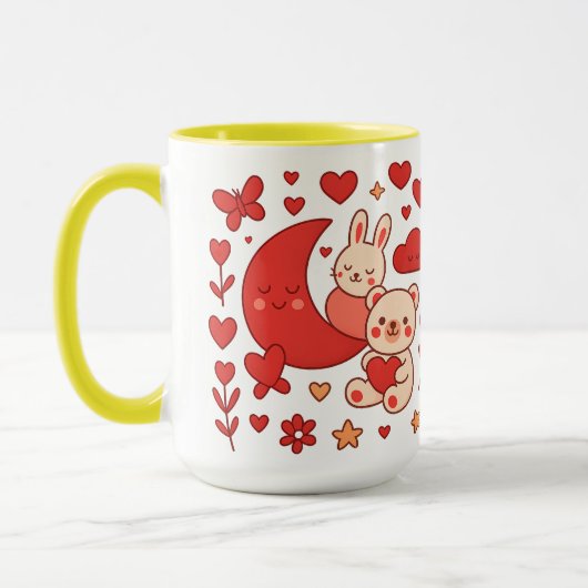 Whimsical Bunny and Bear Moon Heart Ceramic Mug Tasse (Links)