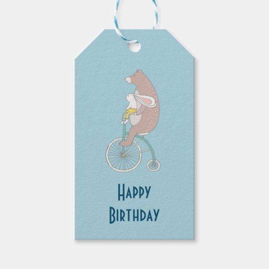 Whimsical Bunny and Bear Riding Together Geburtsta Geschenkanhänger (Vorderseite)