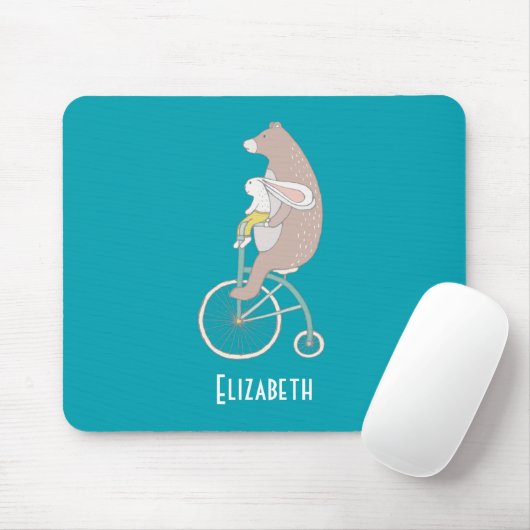 Whimsical Bunny and Bear Riding Together Mousepad (Mit Mouse)