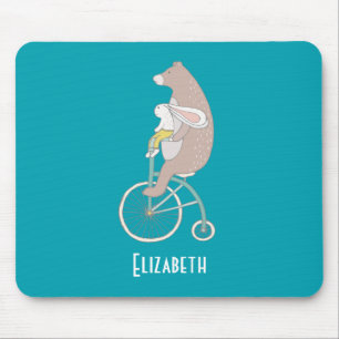 Whimsical Bunny and Bear Riding Together Mousepad
