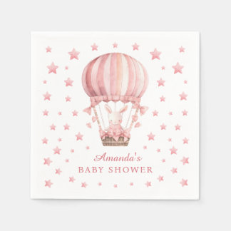 Whimsical Bunny Balloon Pink Stars Baby Shower Serviette