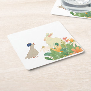 Whimsical Bunny & Bird in Bloom - Niedlicher Frühl Rechteckiger Pappuntersetzer