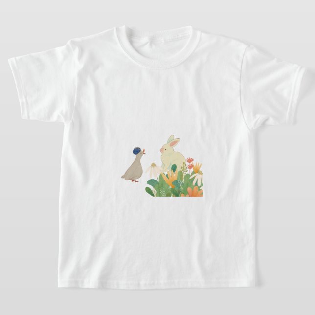 Whimsical Bunny & Bird in Bloom - Niedlicher Frühl T-Shirt (Ablage )
