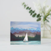 Whimsical Bunny Boat Mountains Woodland Artwork Postkarte (Stehend Vorderseite)