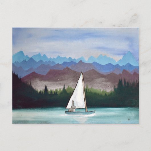 Whimsical Bunny Boat Mountains Woodland Artwork Postkarte (Vorderseite)