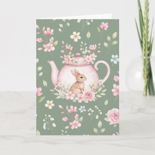 Whimsical Bunny Green Teapot Floral Easter Karte (Vorderseite)