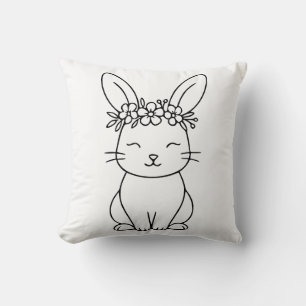 Whimsical Bunny mit floraler Krone Linienkunst Kissen