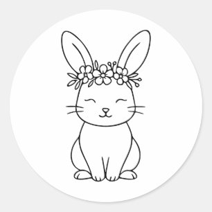 Whimsical Bunny mit floraler Krone Linienkunst  Runder Aufkleber