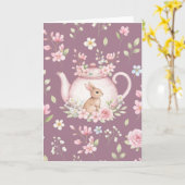 Whimsical Bunny Pink Teapot Floral Easter  Karte (Gelbe Blume)