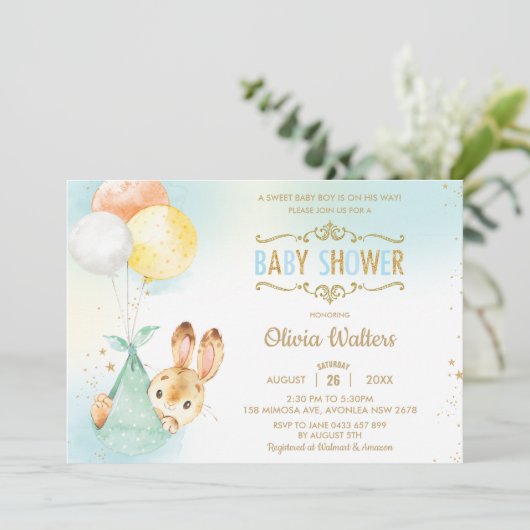 Whimsical Bunny Rabbit Balloons Baby Shower Boy Einladung (Stehend Vorderseite)