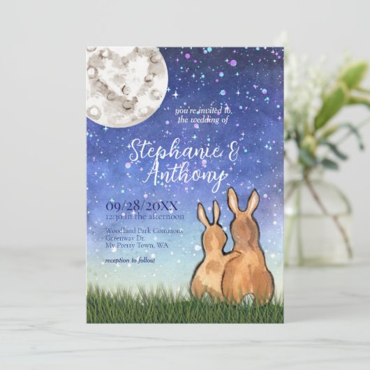 Whimsical Bunny Rabbit Moon Stars Einzigartige Hoc Einladung (Stehend Vorderseite)