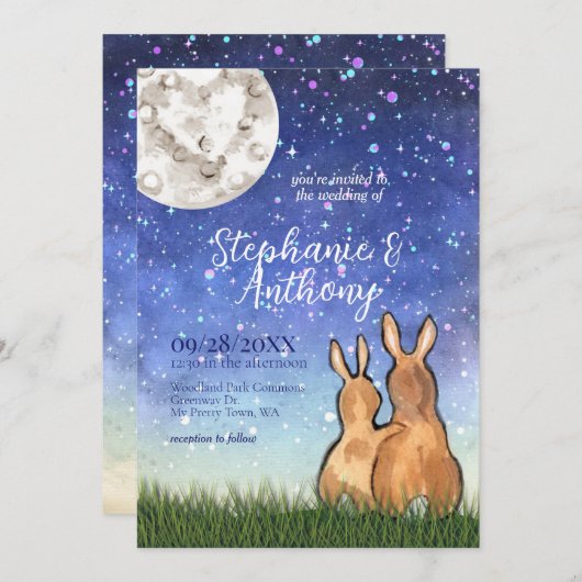 Whimsical Bunny Rabbit Moon Stars Einzigartige Hoc Einladung (Vorne/Hinten)