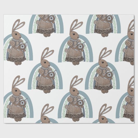 Whimsical Bunny Rabbit Teapot Rainbow Geschenkpapier (Flach)