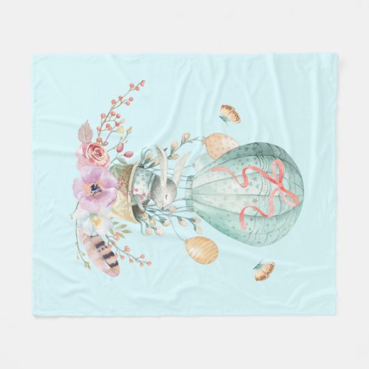 Whimsical Bunny Riding in einem Heißluftballon Fleecedecke (Vorderseite (Horizontal))