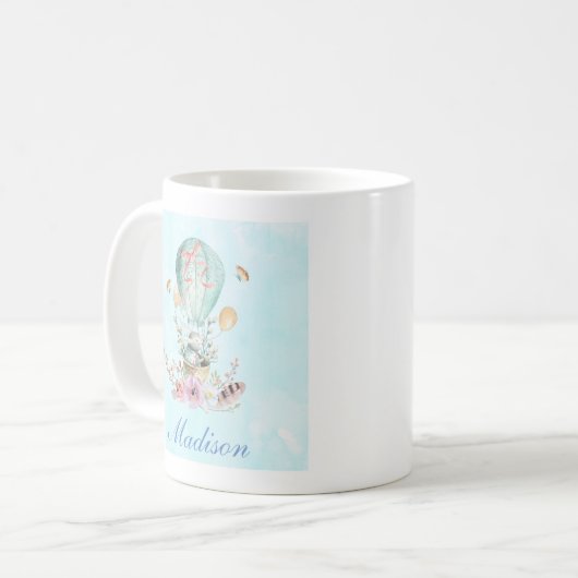 Whimsical Bunny Riding in einem Heißluftballon Kaffeetasse (Vorderseite Links)
