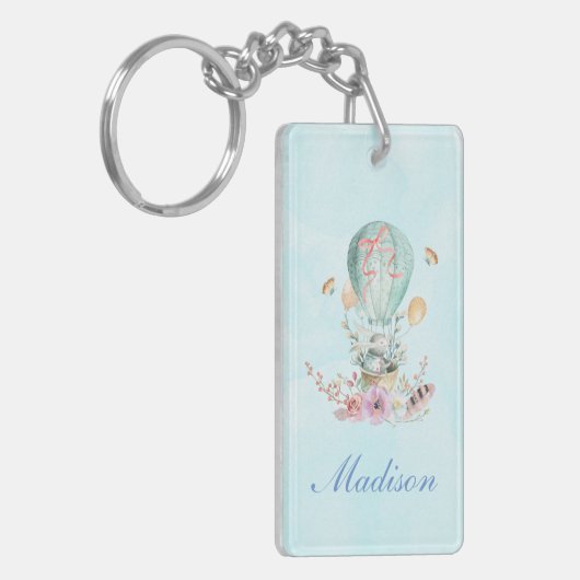 Whimsical Bunny Riding in einem Heißluftballon Schlüsselanhänger (Vorderseite links)
