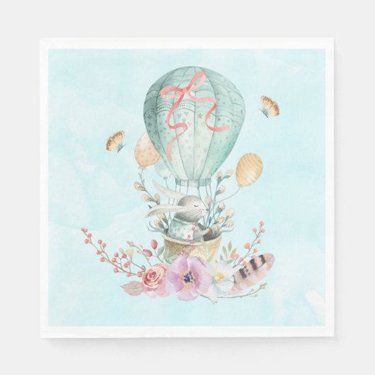 Whimsical Bunny Riding in einem Heißluftballon Serviette (Vorderseite)