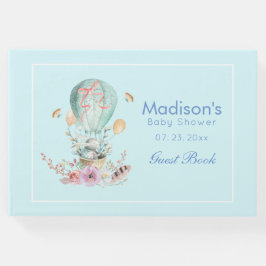 Whimsical Bunny Riding in einem Hot Air Balloon Ba Gästebuch