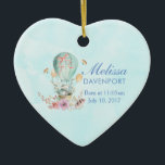 Whimsical Bunny Riding in einem Hot Air Balloon Ba Keramikornament<br><div class="desc">Gedenkschmuck für die Geburt des Kindes. Entworfen mit einer charmanten Illustration eines kleinen sonnigen Reitens entlang in einem Heißluftballon mit extravagantem rosa Band,  zusammen mit einigen Blume und Schmetterlingen. Der pastellblaue Hintergrund verleiht ihm ein Vintages Traumgefühl.</div>