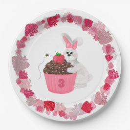 Whimsical Bunny & Strawberry Cupcake Geburtstag Pappteller