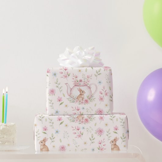 Whimsical Bunny Teapot Floral Geschenkpapier (Partygeschenke)