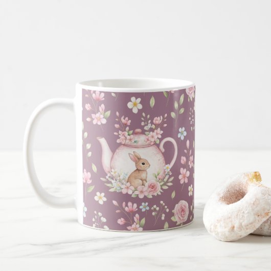 Whimsical Bunny Teapot Floral Spring  Kaffeetasse (Mit Donut)