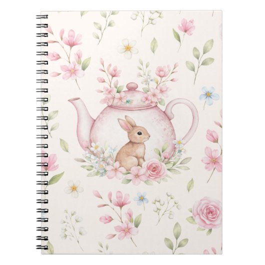 Whimsical Bunny Teapot Floral Spring Notebook Notizblock (Vorderseite)