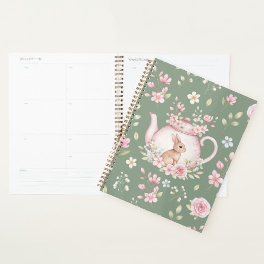 Whimsical Bunny Teapot Floral Spring Notebook Planer (Anzeige)