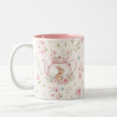 Whimsical Bunny Teapot Floral Spring  Zweifarbige Tasse (Links)