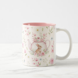 Whimsical Bunny Teapot Floral Spring  Zweifarbige Tasse