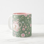 Whimsical Bunny Teapot Floral Spring  Zweifarbige Tasse (Vorderseite Links)