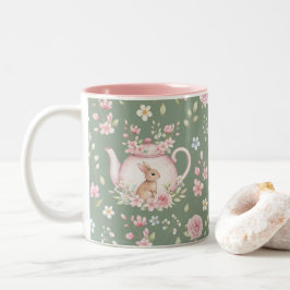 Whimsical Bunny Teapot Floral Spring  Zweifarbige Tasse