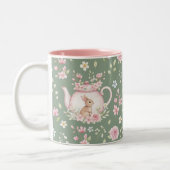 Whimsical Bunny Teapot Floral Spring  Zweifarbige Tasse (Links)