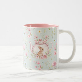 Whimsical Bunny Teapot Floral Spring  Zweifarbige Tasse