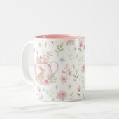 Whimsical Bunny Teapot Floral Spring  Zweifarbige Tasse (Vorderseite Links)