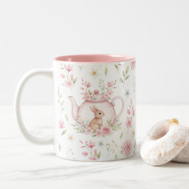 Whimsical Bunny Teapot Floral Spring  Zweifarbige Tasse