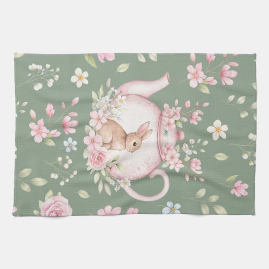 Whimsical Bunny Teekanne Floral Frühling  Geschirrtuch (Horizontal)