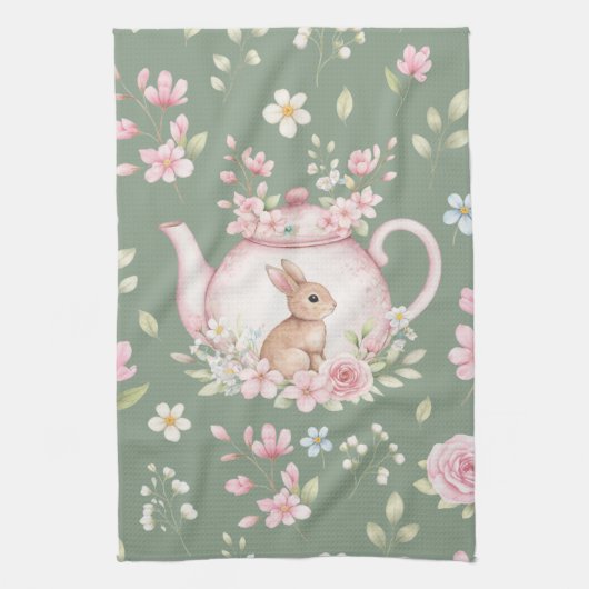 Whimsical Bunny Teekanne Floral Frühling  Geschirrtuch (Vertikal)