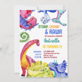 Whimsical bunt Dinosaurier Kindergeburtstag Party Einladung (Vorderseite)