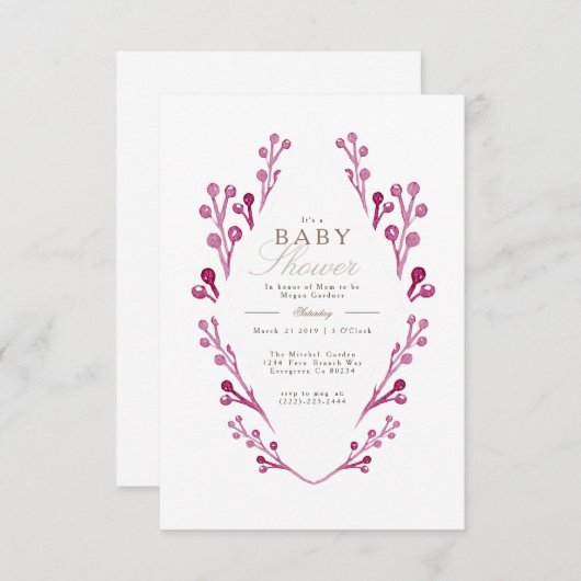 Whimsical Burgundy Berry Babydusche | Einladung (Vorne/Hinten)