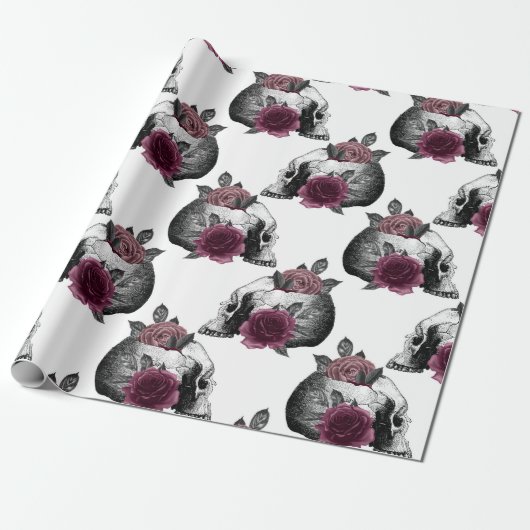 Whimsical Burgundy Bloral Skulls Gothic Wedding Geschenkpapier (Ungerollt)