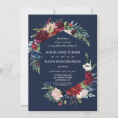 Whimsical Burgundy Blush Blume Navy Blue Wedding Einladung (Vorderseite)
