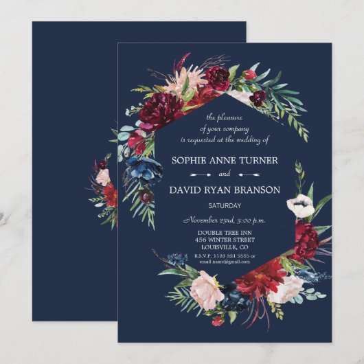Whimsical Burgundy Blush Blume Navy Blue Wedding Einladung (Vorne/Hinten)