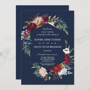 Whimsical Burgundy Blush Blume Navy Blue Wedding Einladung