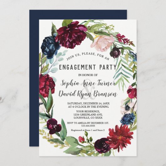 Whimsical Burgundy Blush Blume Navy Blue Wedding Einladung (Vorne/Hinten)