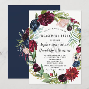 Whimsical Burgundy Blush Blume Navy Blue Wedding Einladung