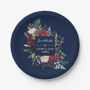 Whimsical Burgundy Blush Blume Navy Blue Wedding Pappteller
