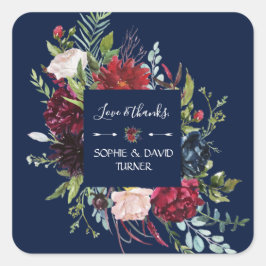 Whimsical Burgundy Blush Blume Navy Blue Wedding Quadratischer Aufkleber