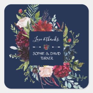 Whimsical Burgundy Blush Blume Navy Blue Wedding Quadratischer Aufkleber